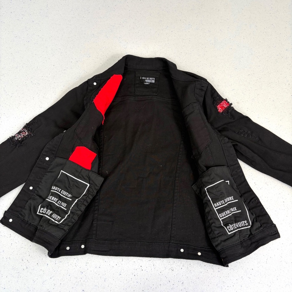 Distressed Black Denim Trucker Jacket "Guerre Et Paix" Red Underlay Grunge L - Picture 4 of 13